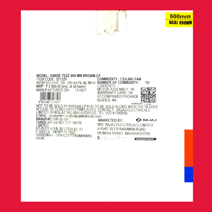 Ceilings Fan Bajaj Sabse Tezz 600mm Brown HSN: 84145120 - Image 2
